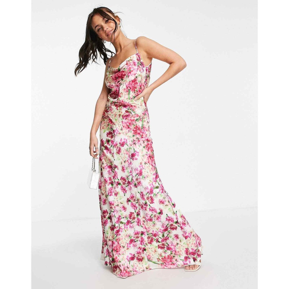 NWT Hope & Ivy Cowl Neck Sleeveless Satin Maxi Dress Mixed‎ Pink Floral Size 16